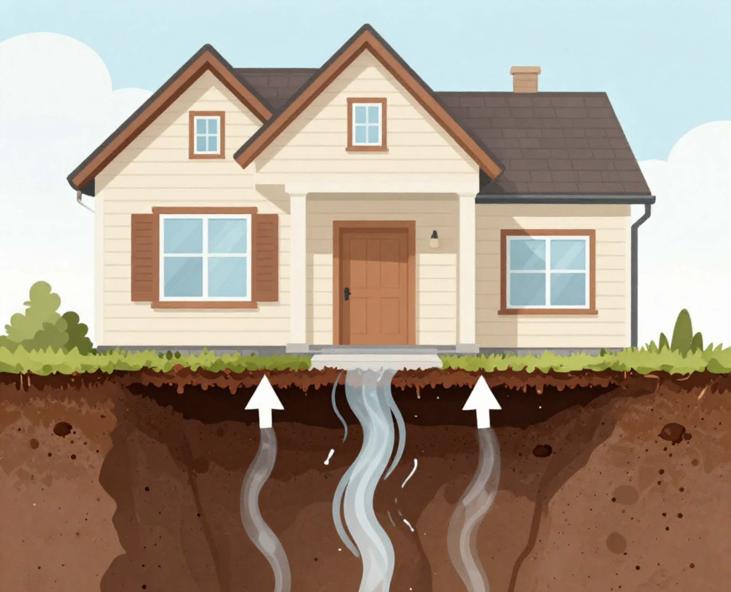 Animated rendering of radon penetrating house from soil.
