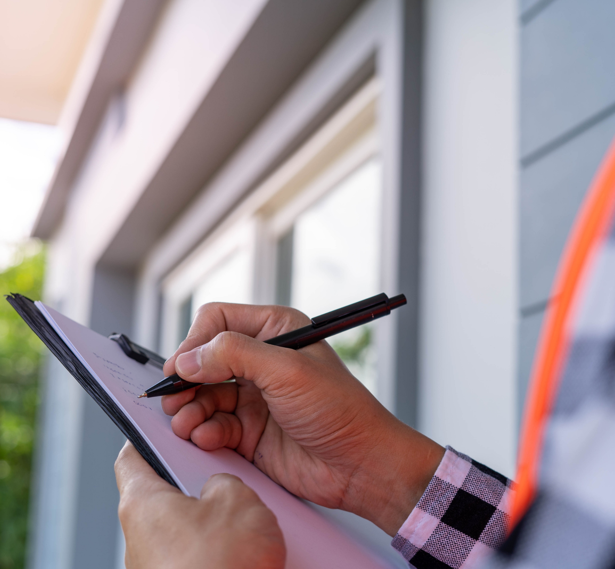 Jotting inspection notes on a clipboard in front of a house.