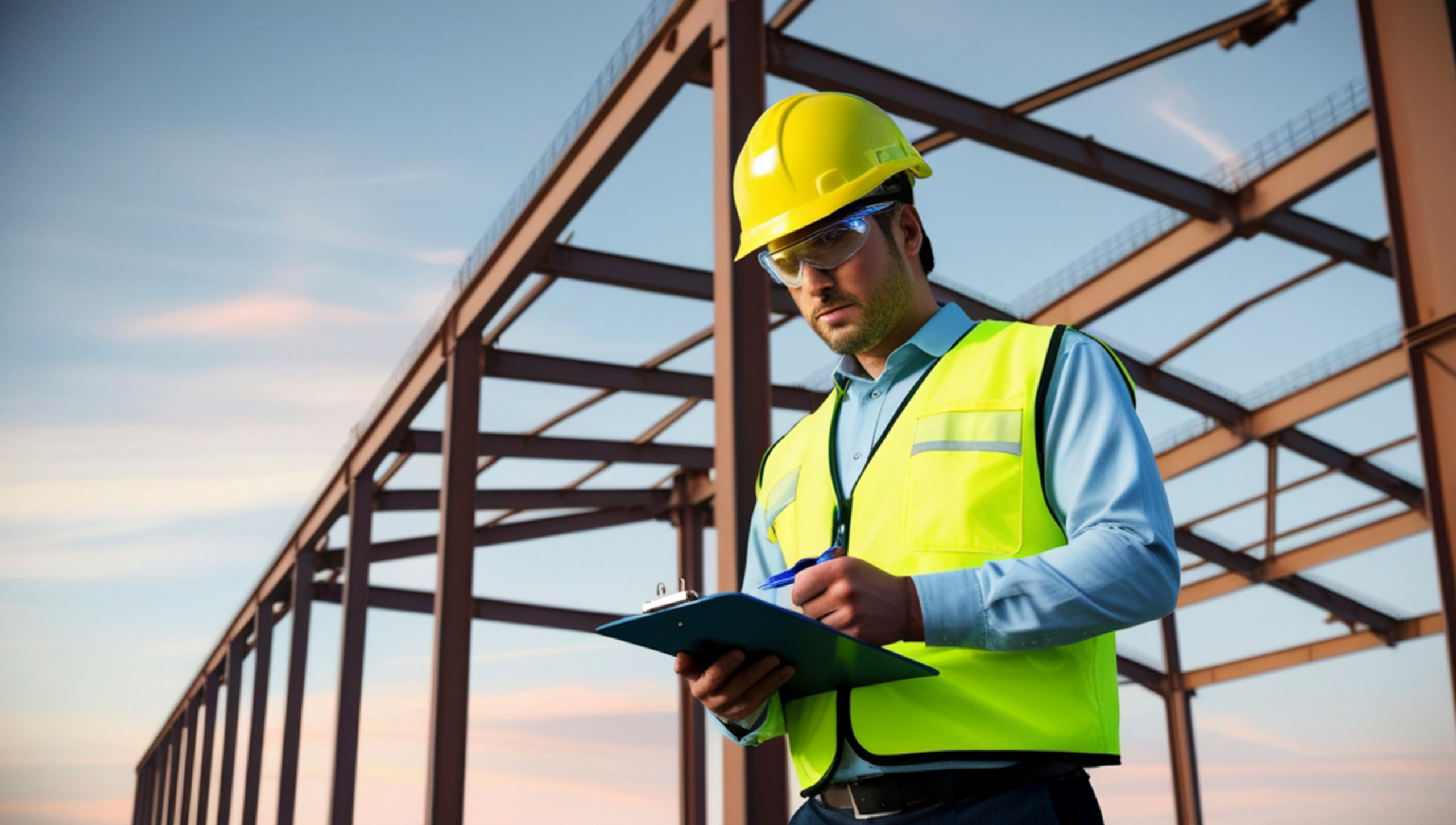 Inspector writing notes on clipboard at construction site.