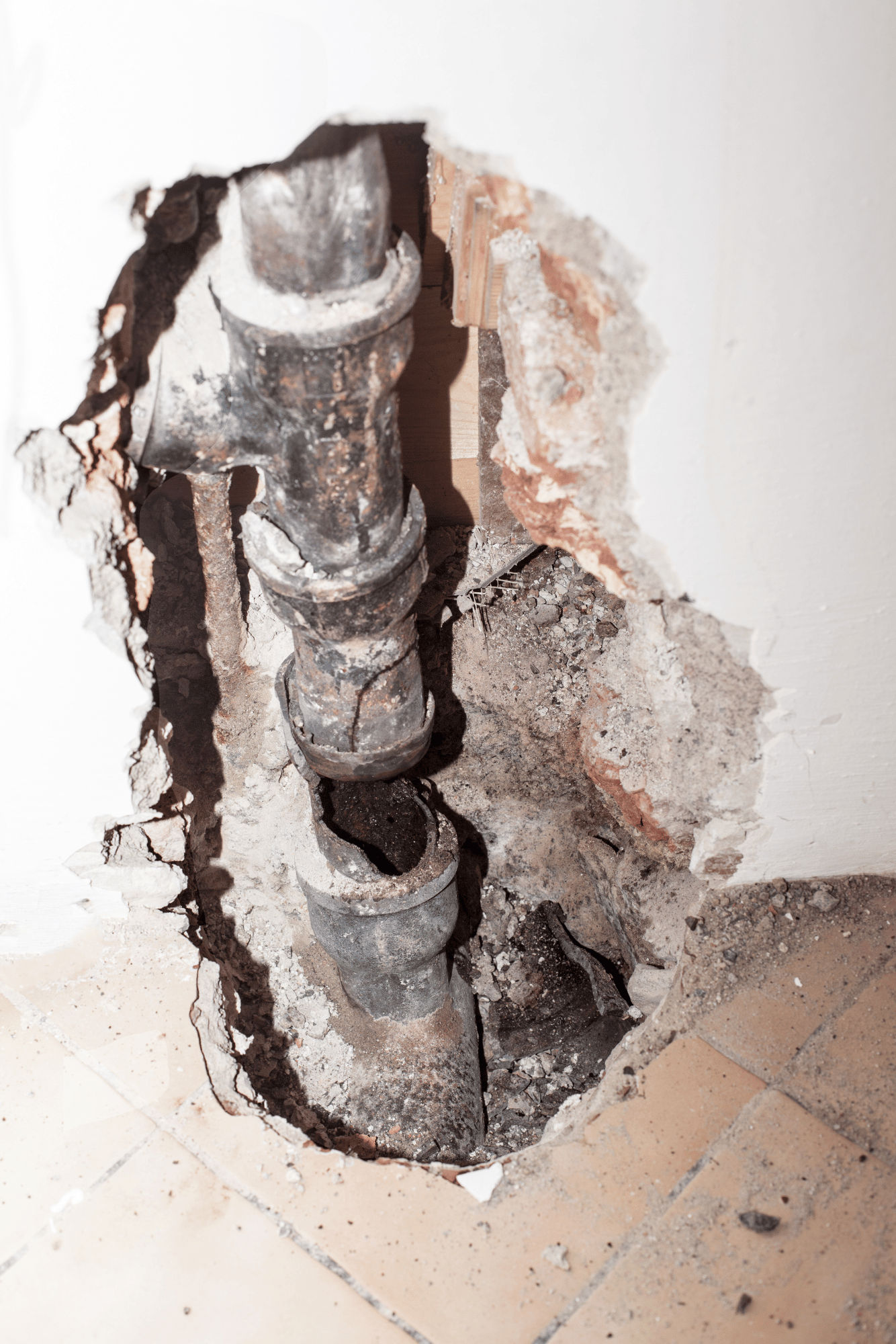 Damaged pipe behind wall and floor.