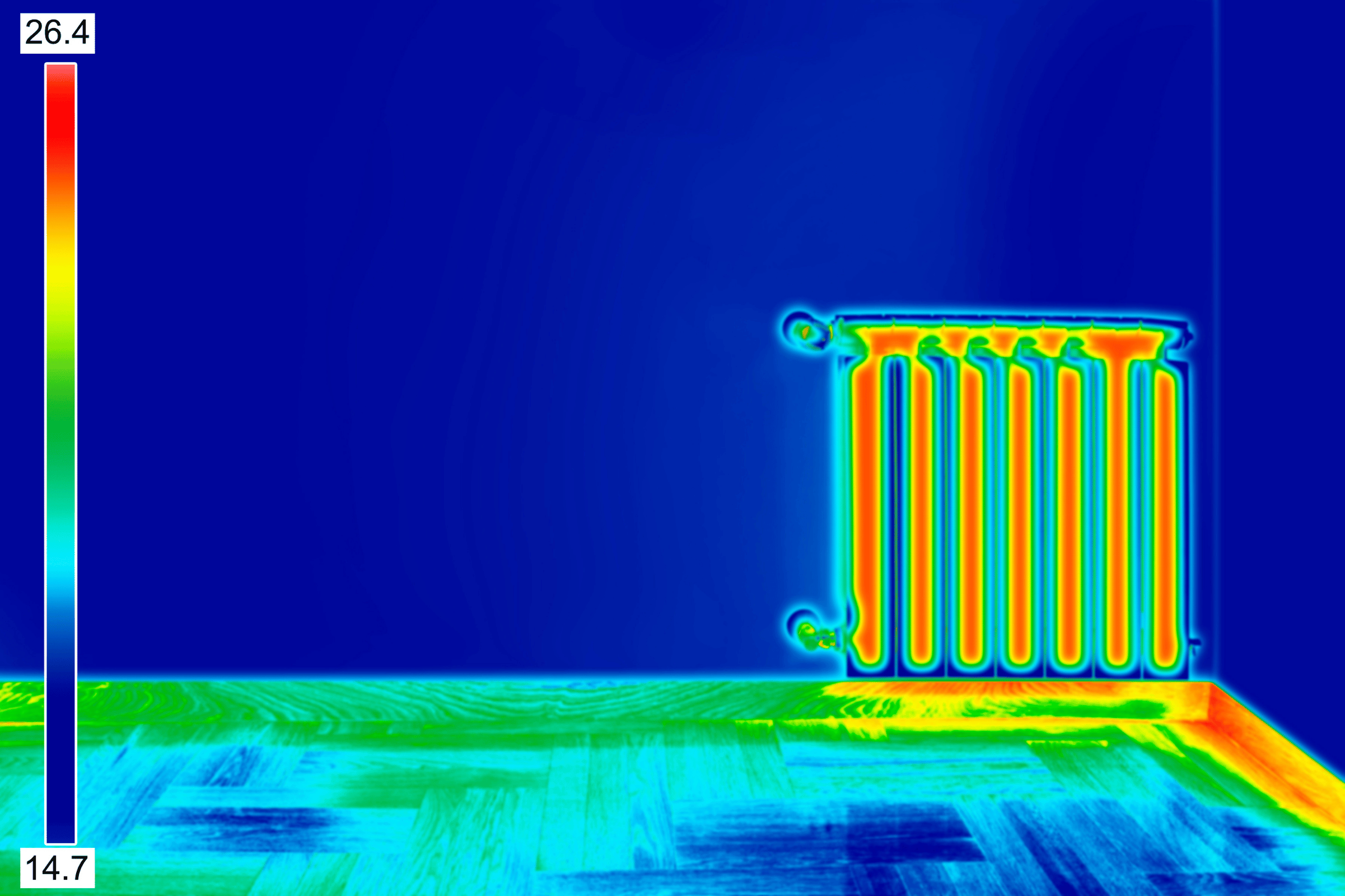 Thermal image rendering of room with radiator.